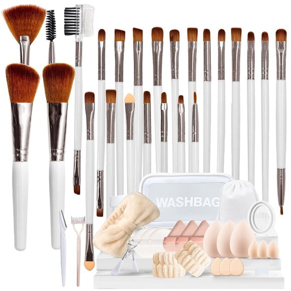 🆕Women White Brush Set 52Pcs Makeup Tool Premium Synthetic Eye Makeup Brushes - Picture 1 of 9